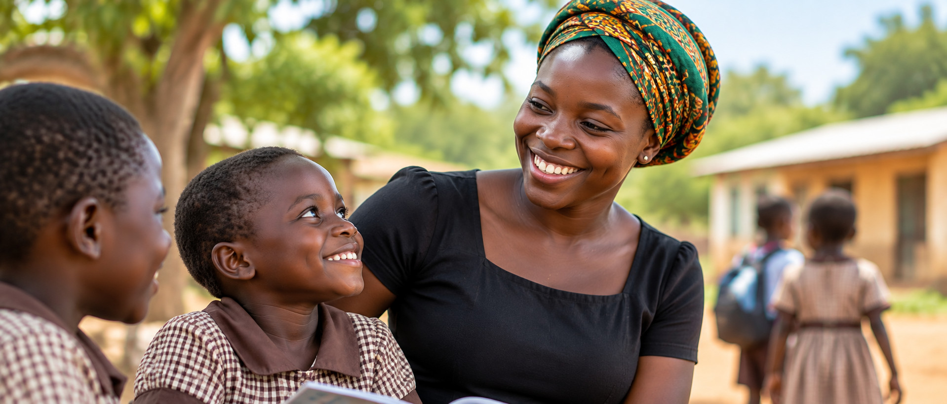 Smiling woman with children outside a home