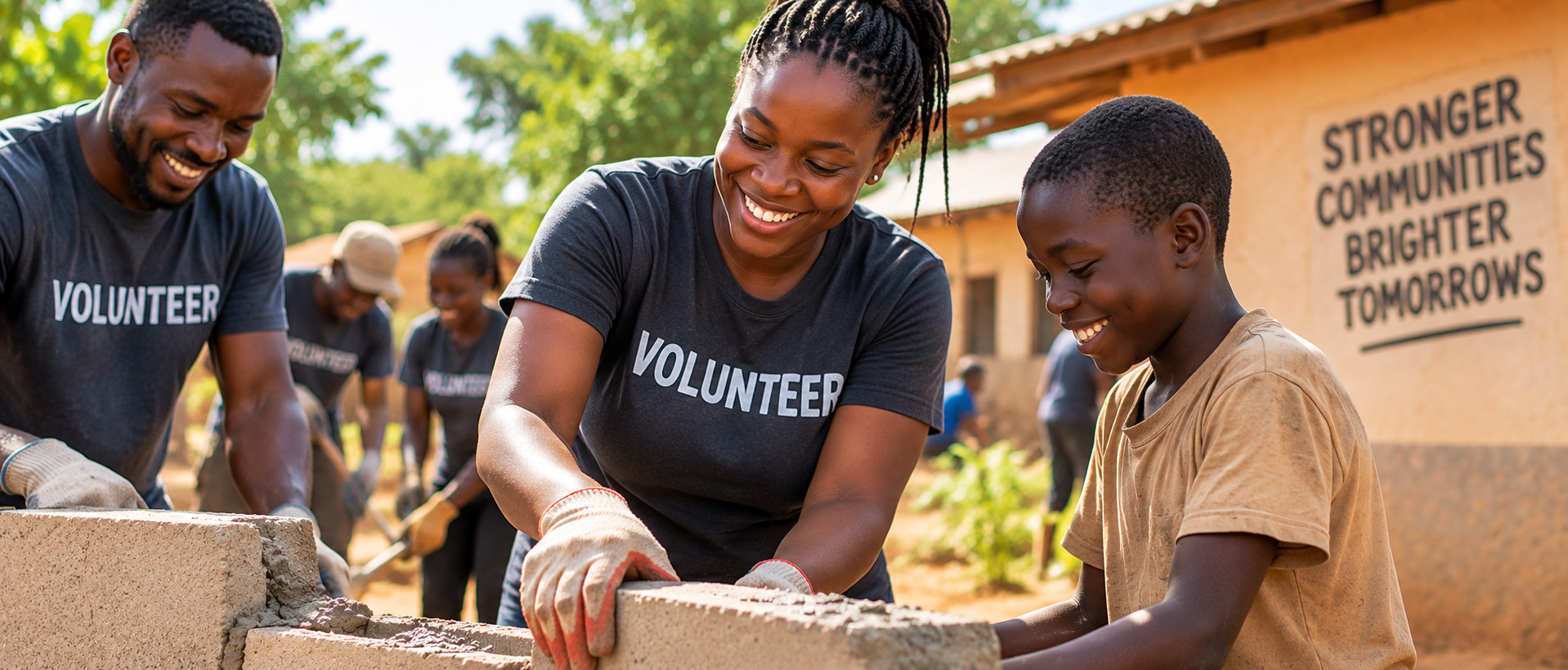 Young volunteer smiling with community members