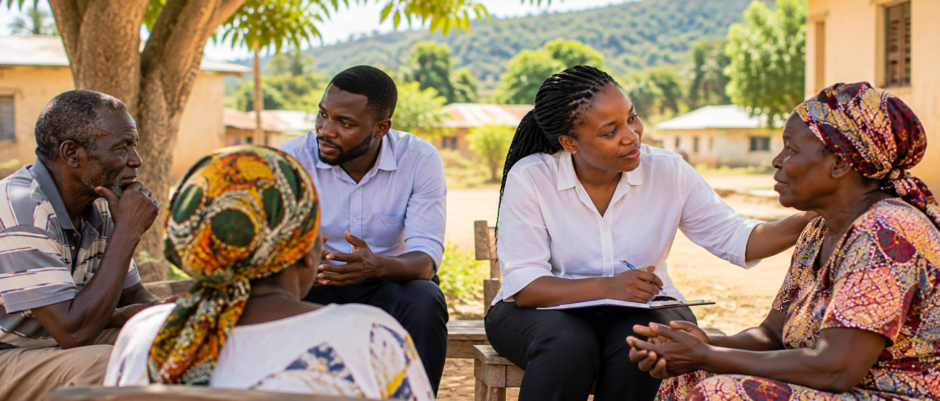Community health worker speaking with elderly residents